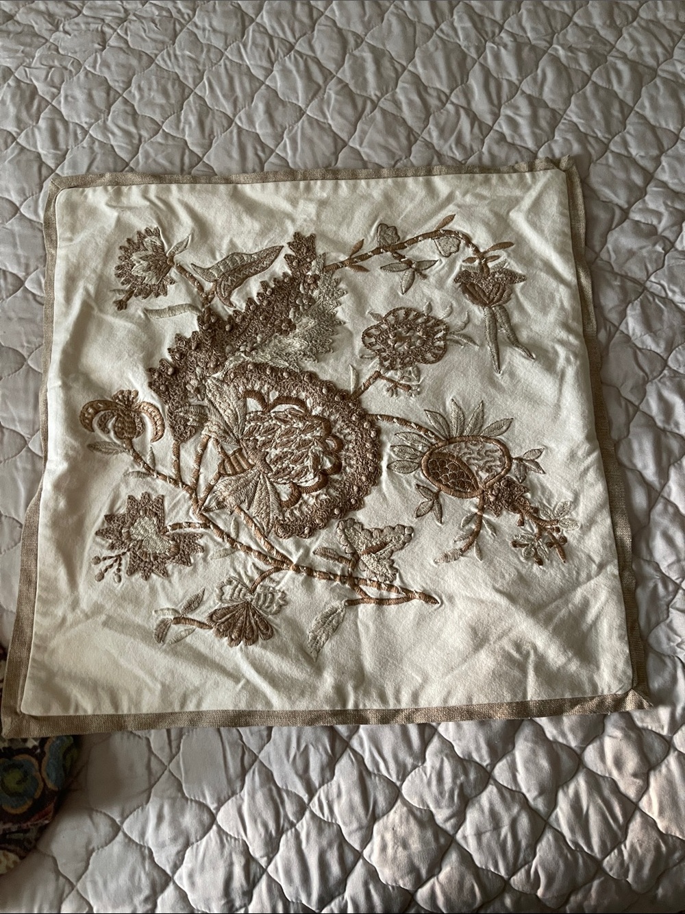 Pottery Barn Cream Pillow Cover with Gold-Tone Embroidery